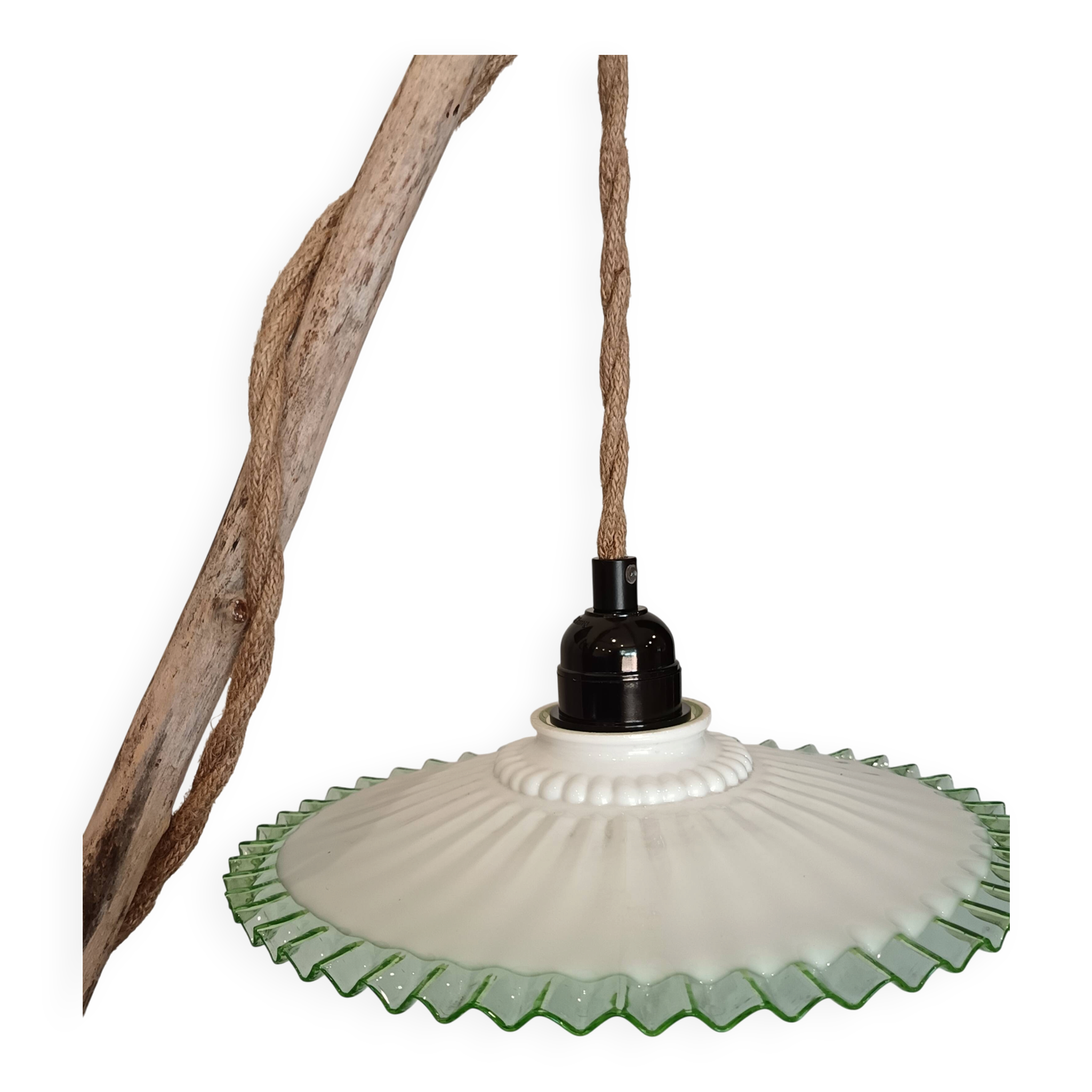 Portable lamp in pale green and white glass