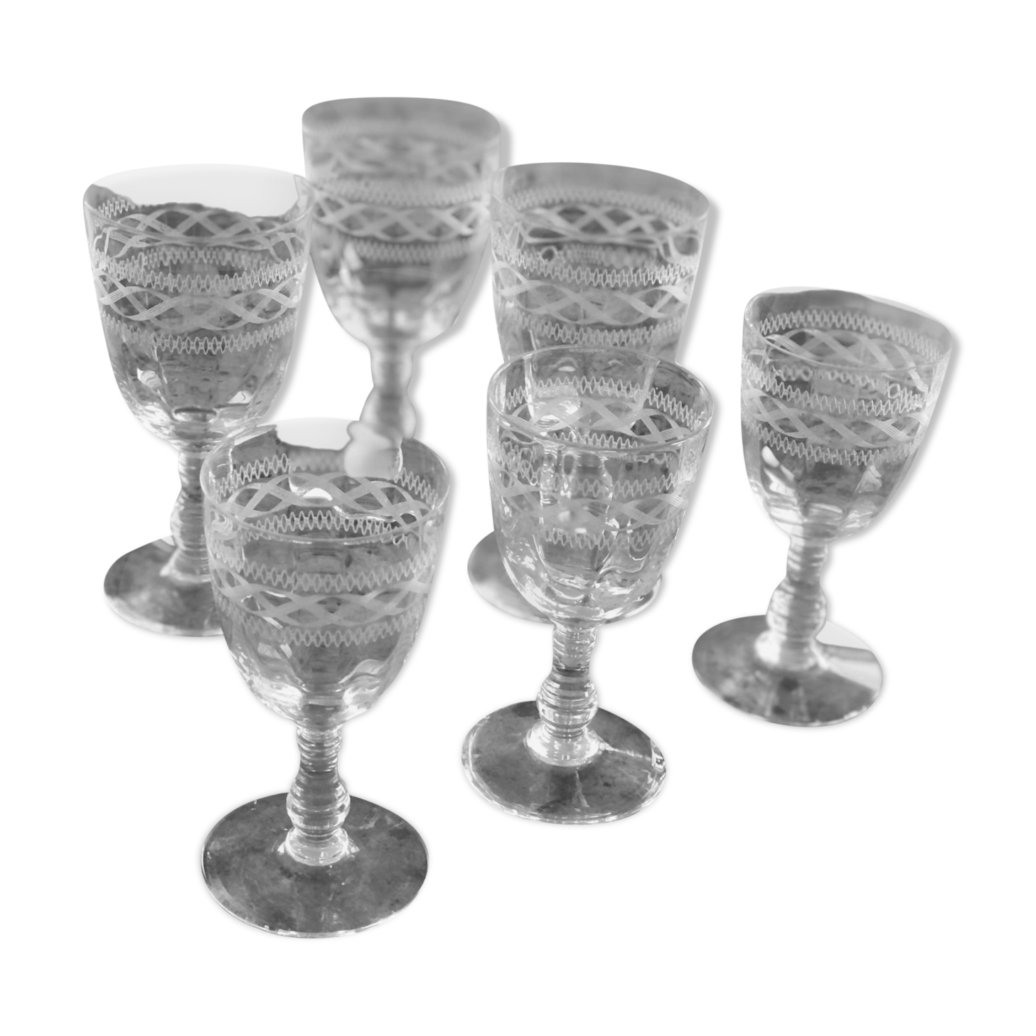 6 old engraved crystal glasses