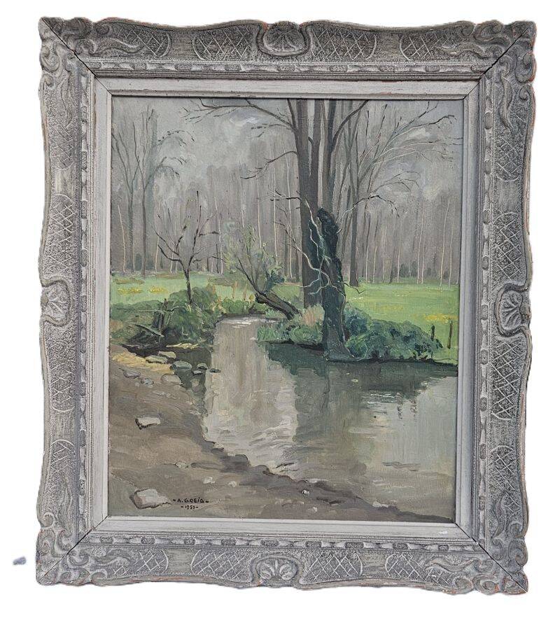 A. Greig - Oil on Isorel Panel on the Bank of a River 1951
