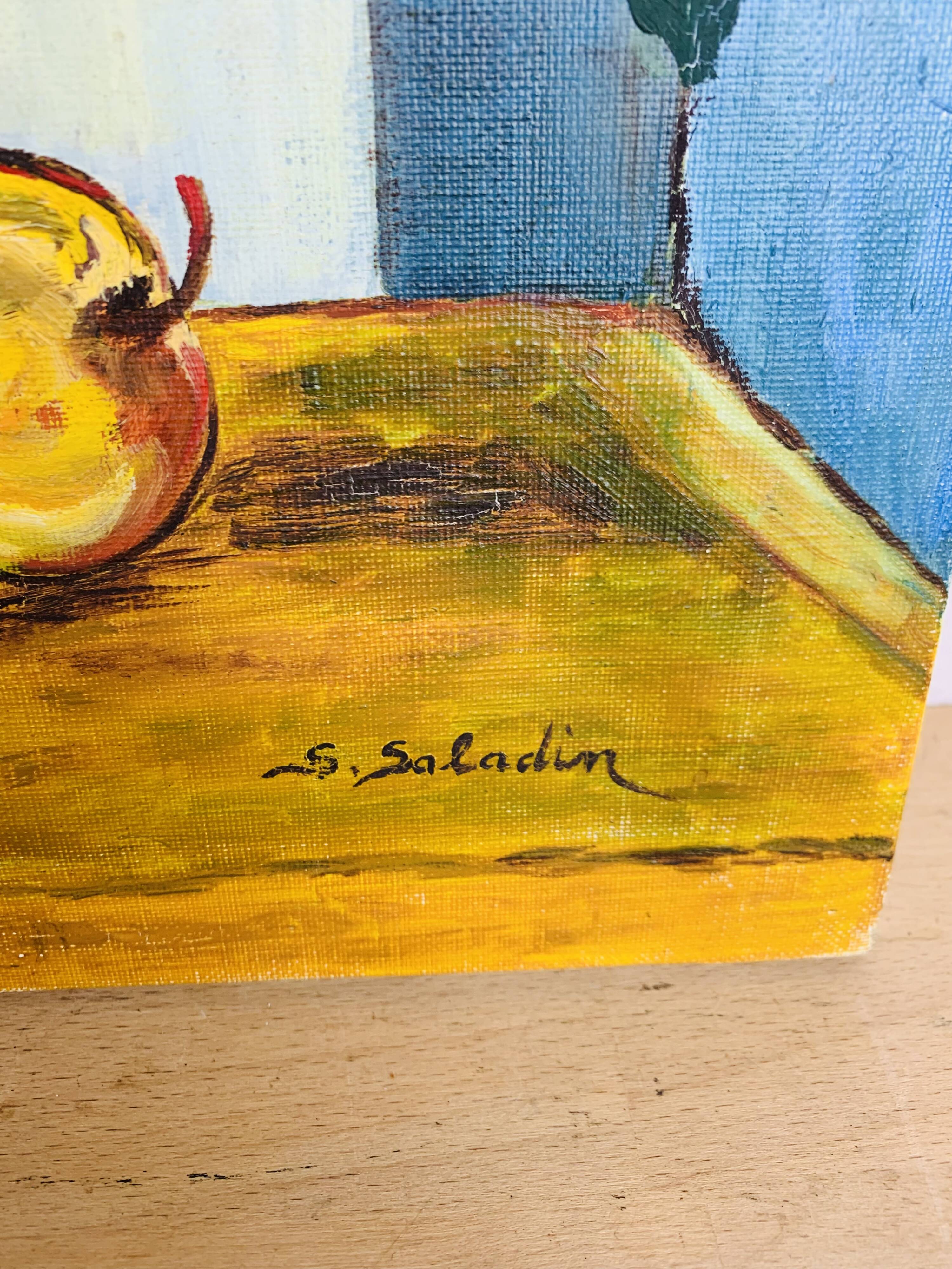 Still life painting bouquet of flowers and apples