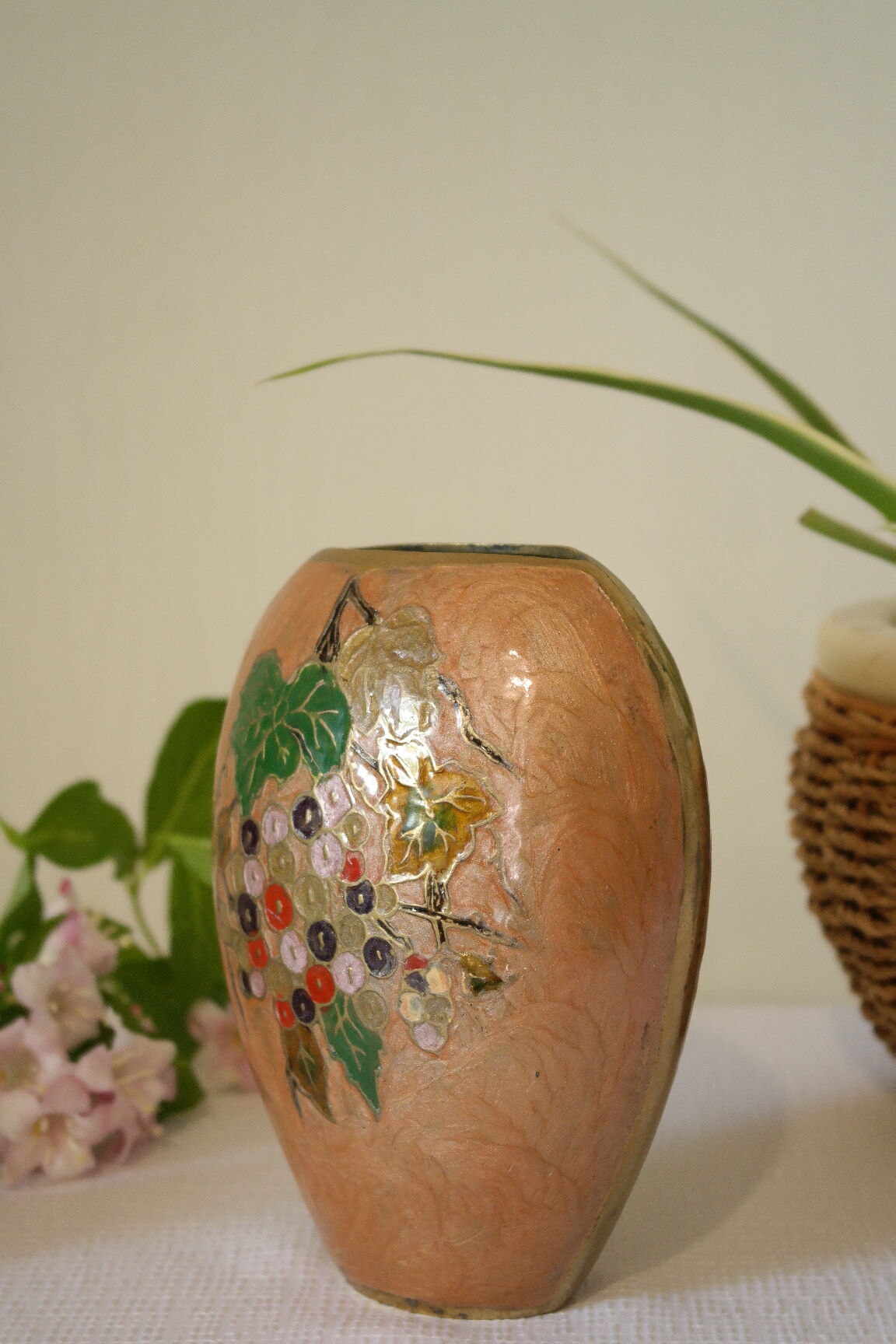 Vintage enamelled polychrome brass vase
