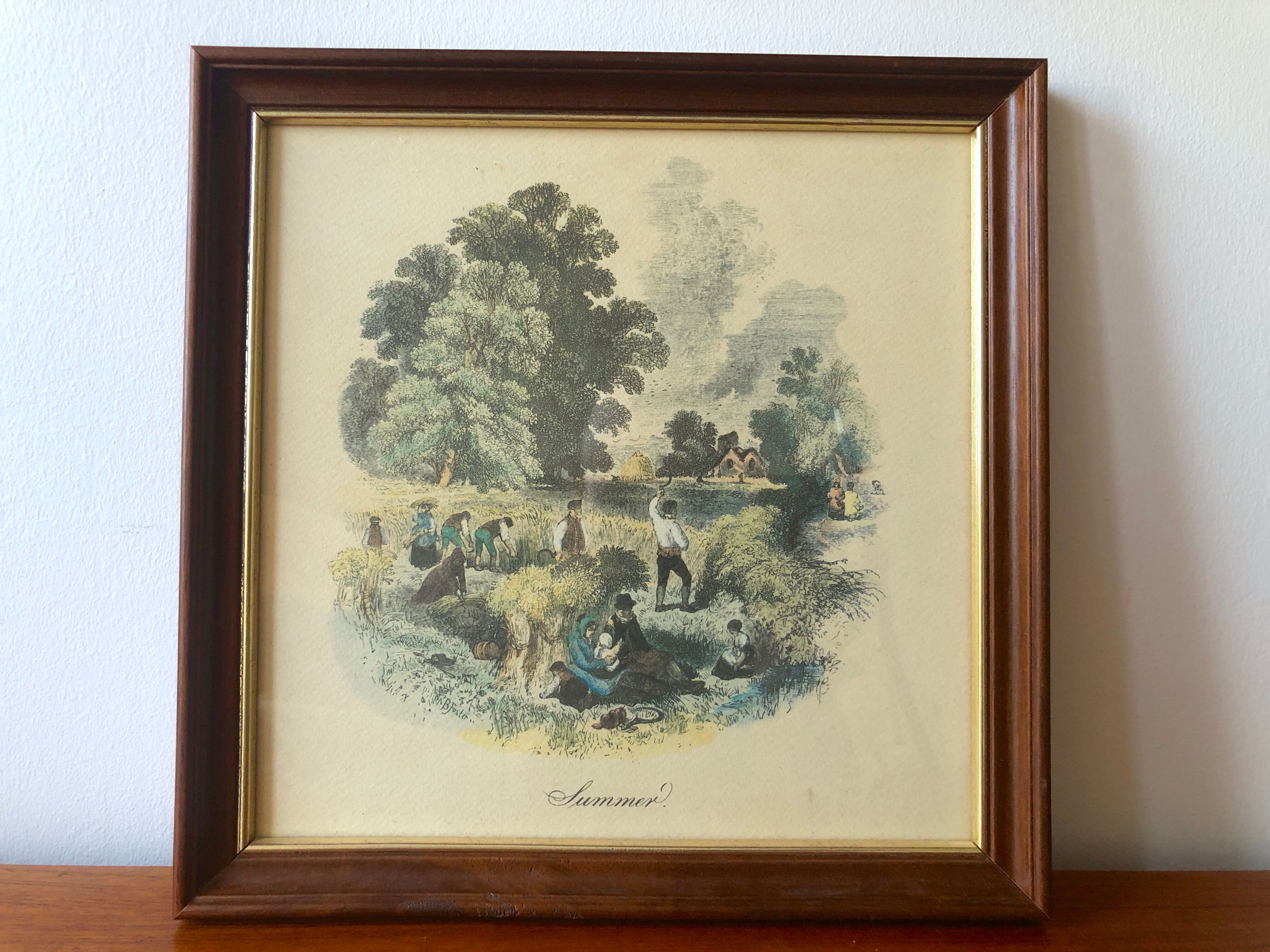 Set of 4 framed antique prints - 4 seasons