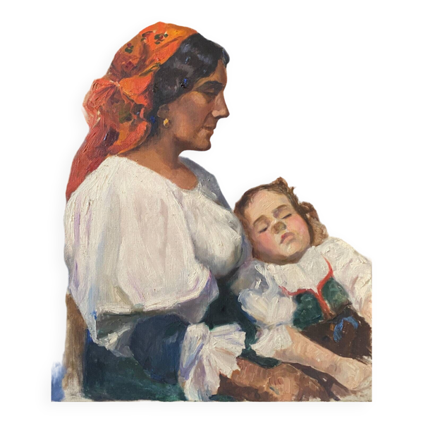 Tableau HST Belle maternité avec enfant endormi signée G. Gloria début XX°