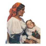 Tableau HST Belle maternité avec enfant endormi signée G. Gloria début XX°