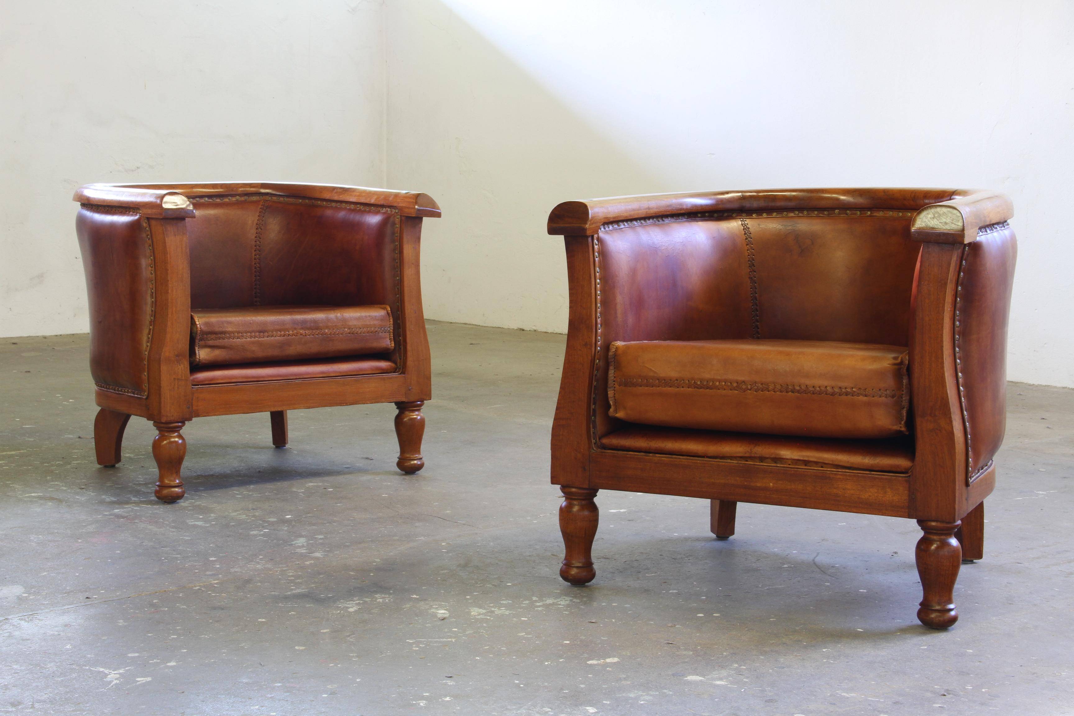 Vintage pair of 20th century Danish Leather Chairs, ca. 1930s