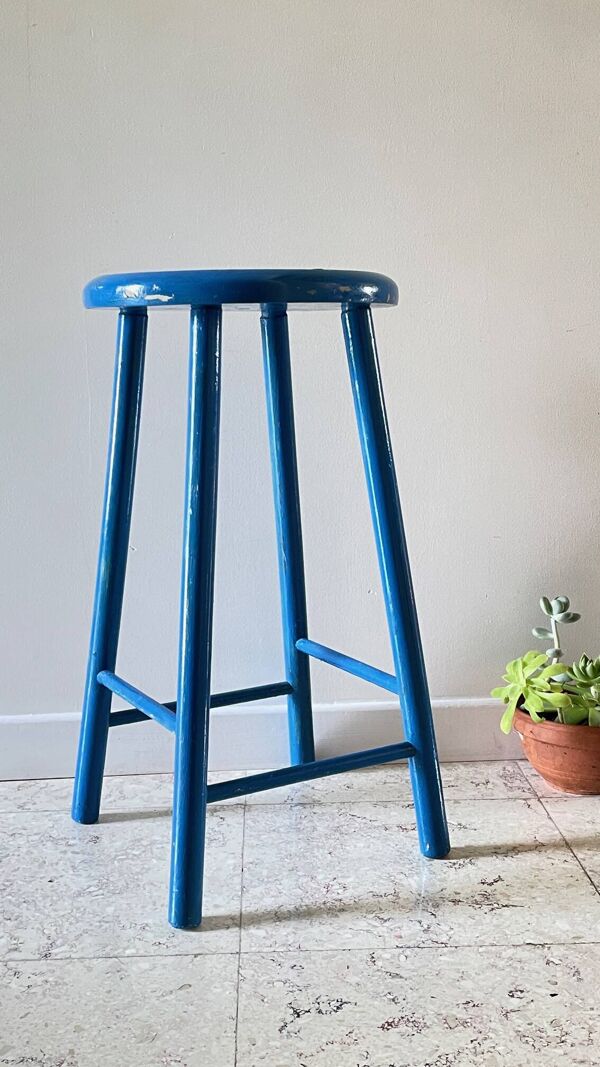 Tabouret vintage bois bleu electrique