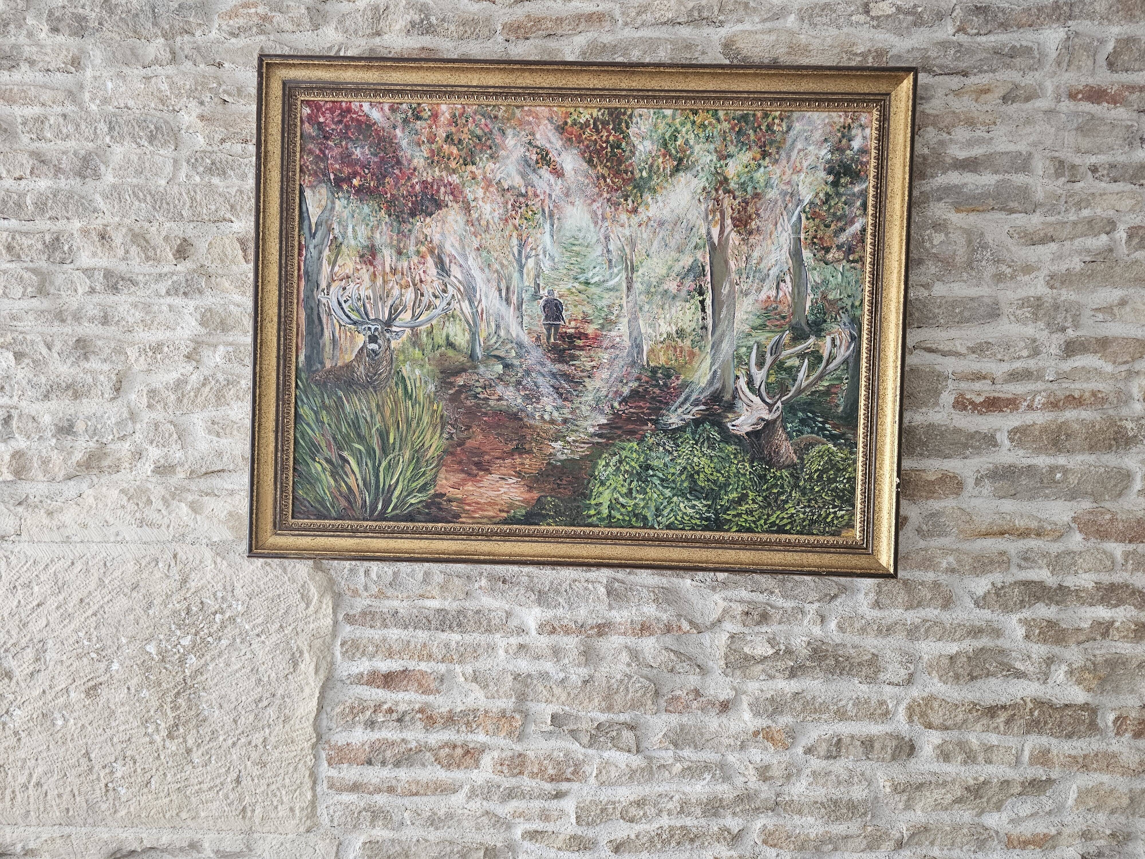 Oil on Canvas Painting Landscape Forest Hunting Scene signed M Pierret