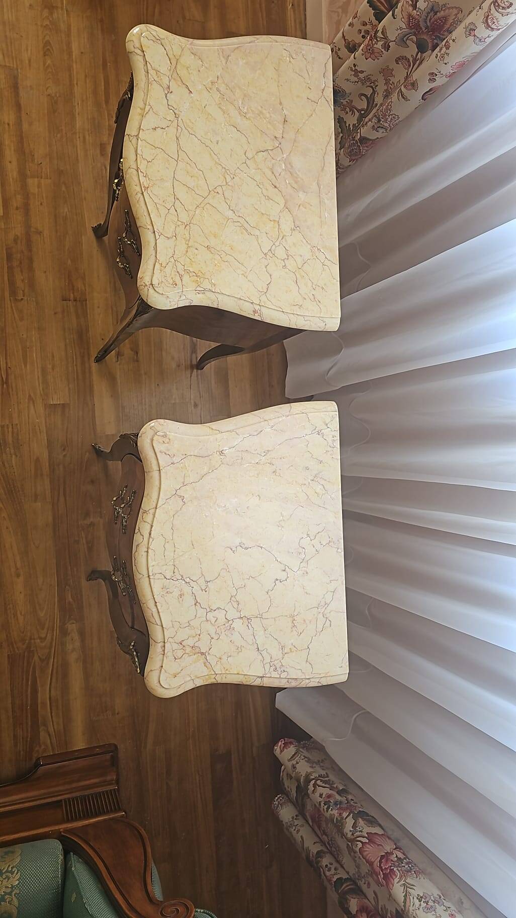 Pair of Louis XV style bedside tables with marquetry and marble top