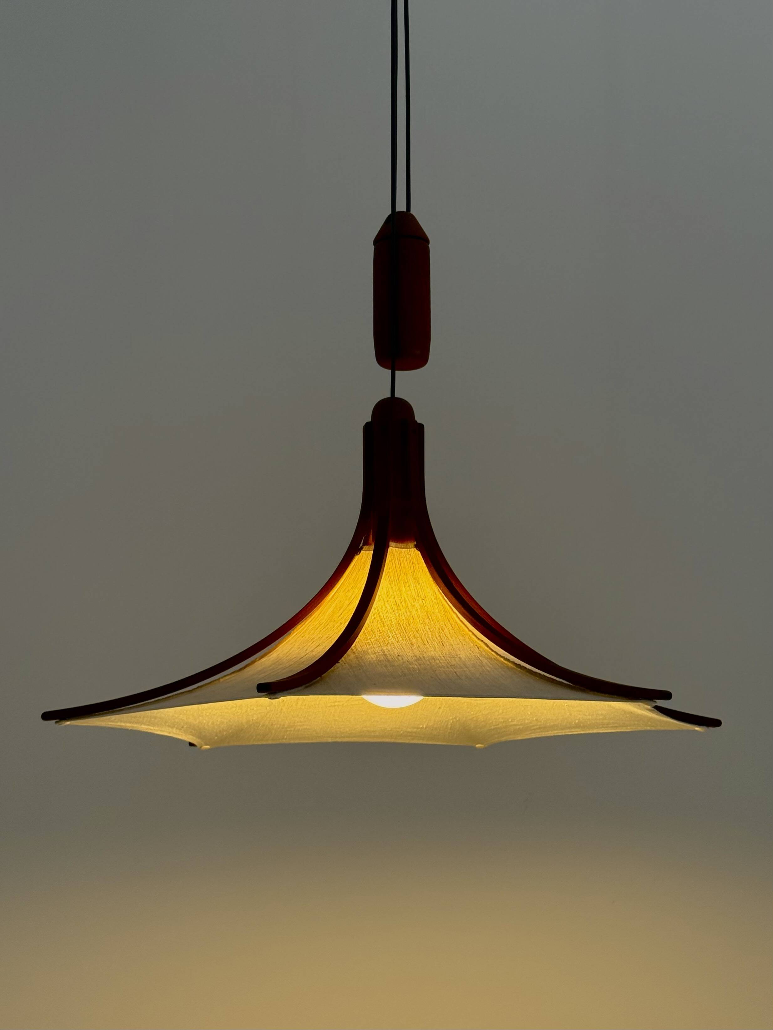 Mid-century teak pendant lamp from Domus with linen shade