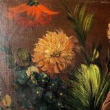 Ecole hollandaise XIXe, huile sur toile. “Bouquet de fleurs sur un entablement”.
