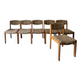 Set of 6 mid-century chairs in honey wood and tweed, 1970 design by dlg Regain.