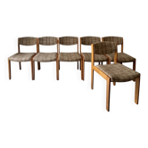 Lot de 6 chaises mid-century en bois miel et tweed, design 1970 dlg Regain