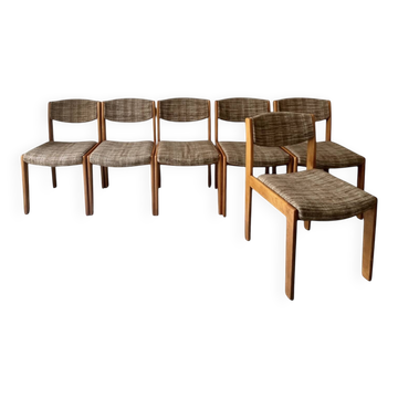 Set of 6 mid-century chairs in honey wood and tweed, 1970 design by dlg Regain.