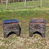 2 oriental stools/poufs in wood/metal/leather