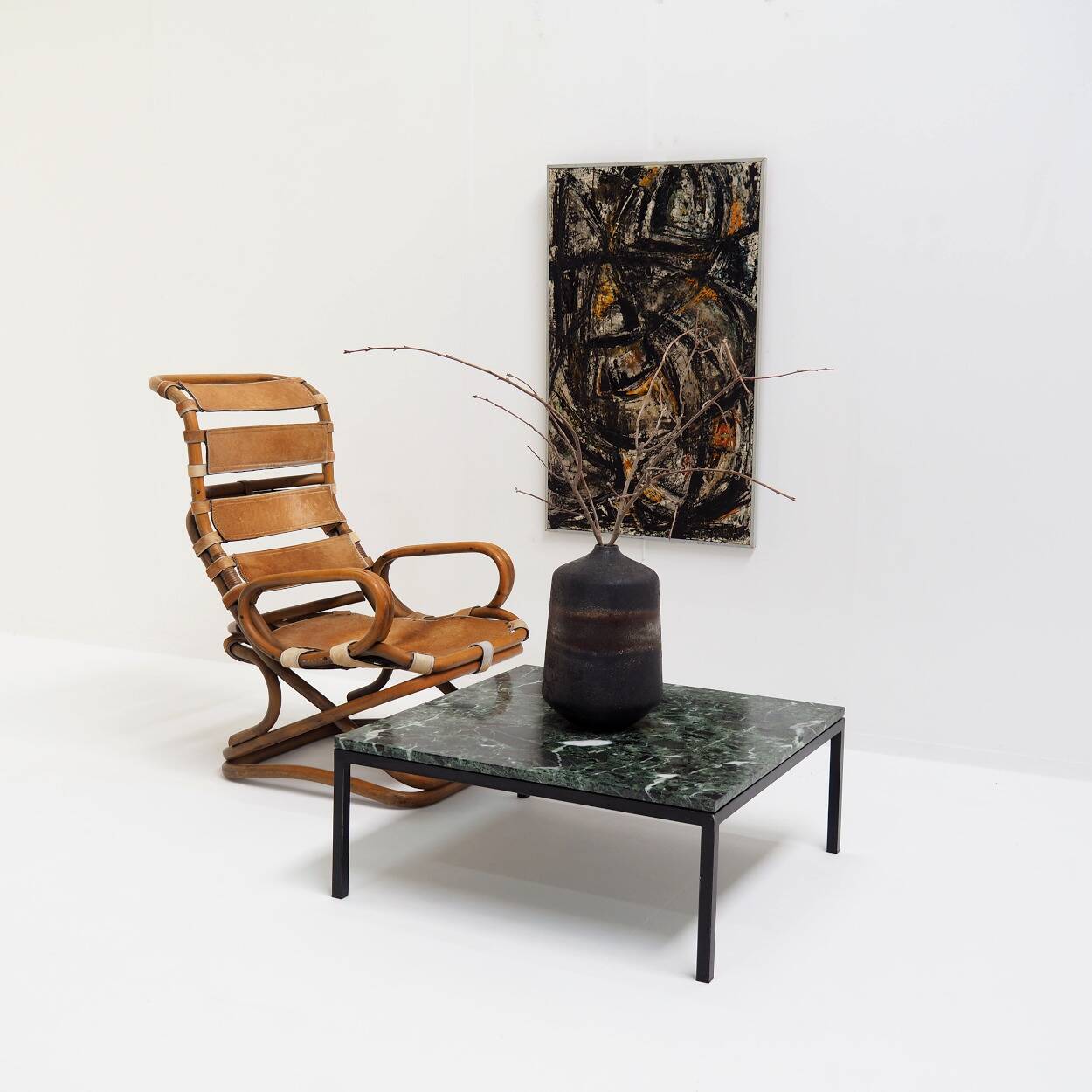 1960s Square Coffee Table with a Green Marble Top