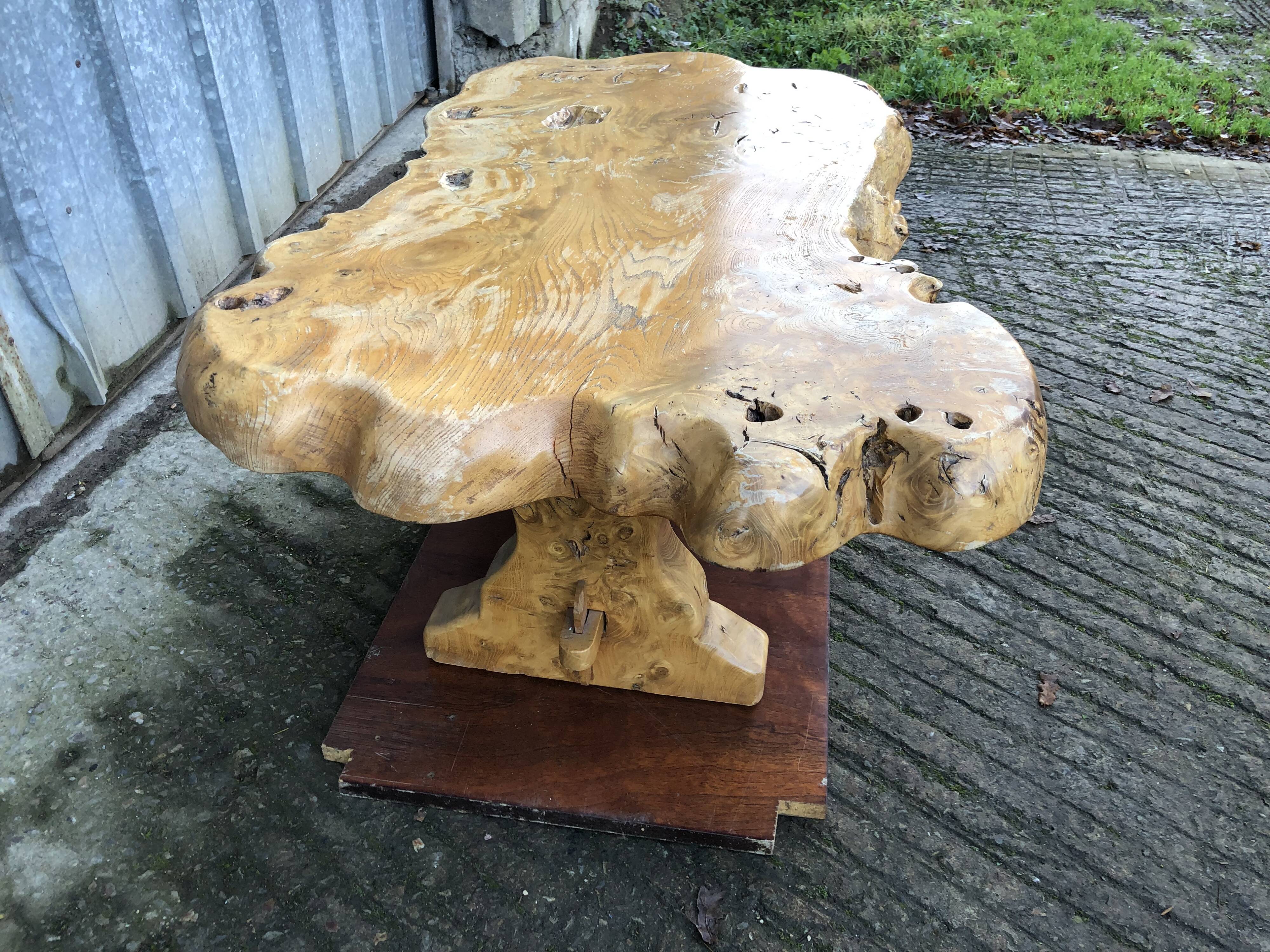 Handcrafted Brutalist coffee table in solid elm