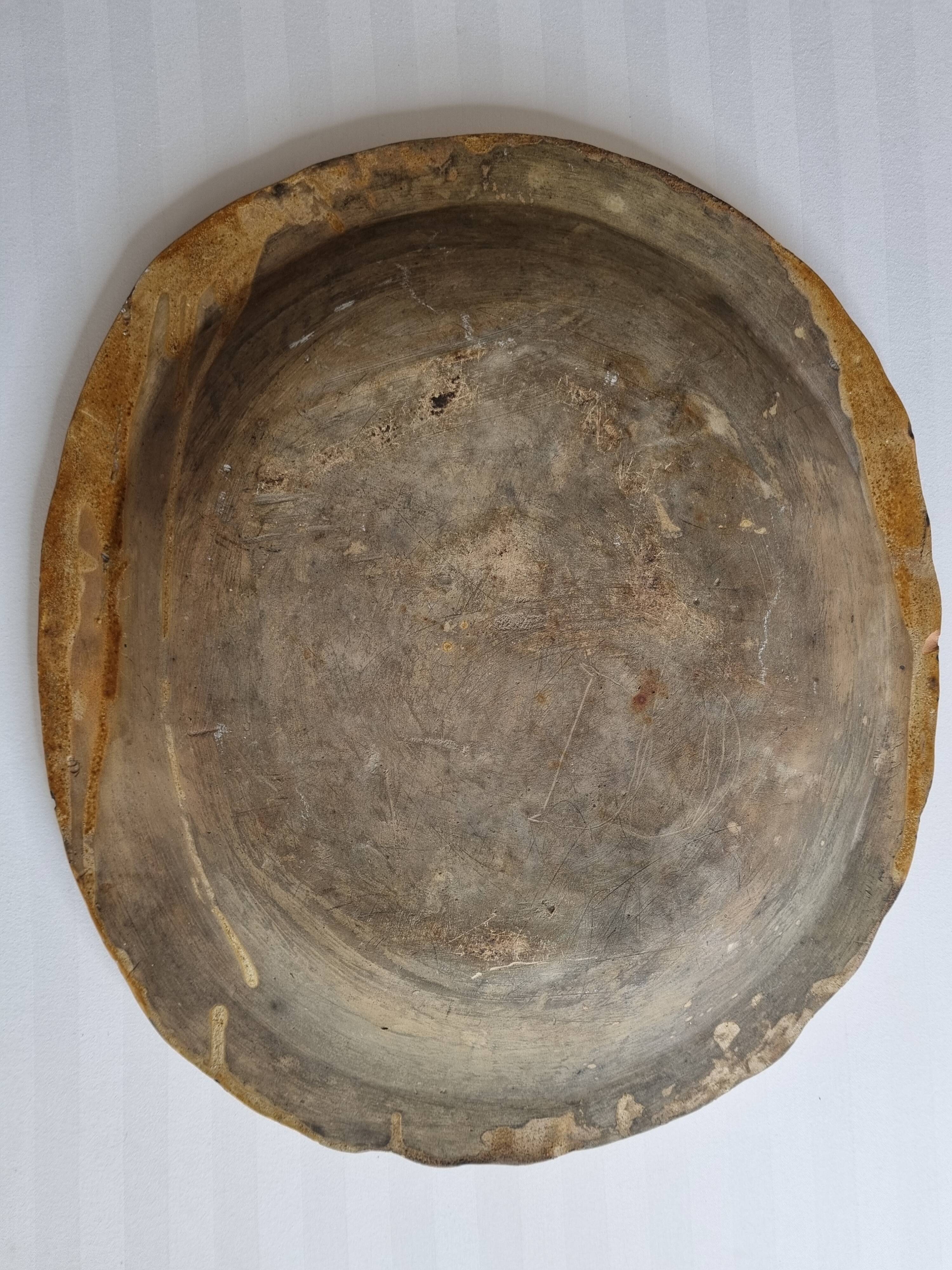 Large dish in enamelled terracotta, ochre, 47 cm