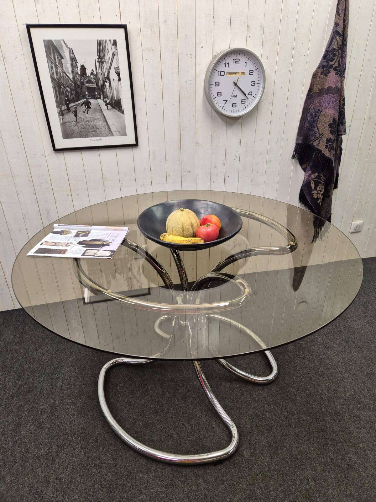 Chrome and smoked glass table.
