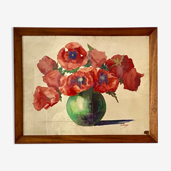 Old painting, still life with poppies, 60s