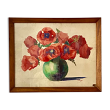Tableau ancien, nature morte aux coquelicots, années 60
