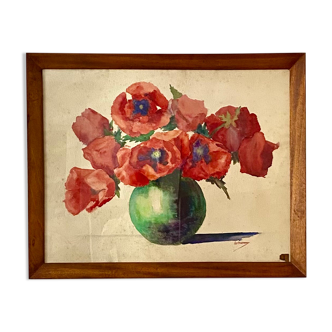 Old painting, still life with poppies, 60s