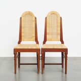 Set of 2 Wooden Art Deco Dining Chairs with Woven Cane Seat and Backrest