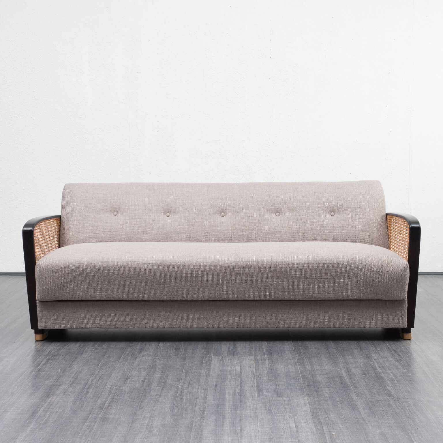 Couch 50s, refurbished, gray, caning