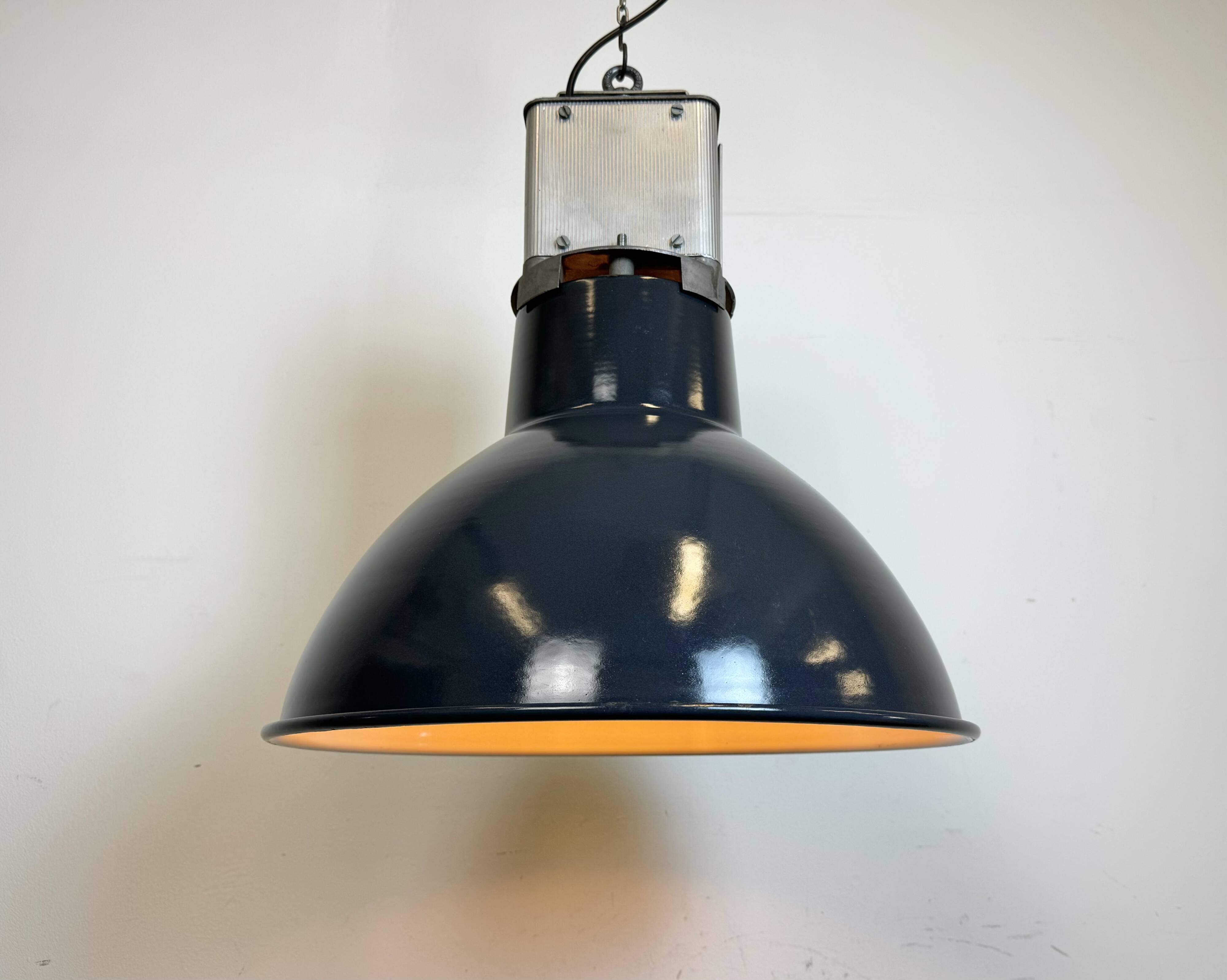 Industrial french dark blue enamel pendant lamp from mazda, 1960s