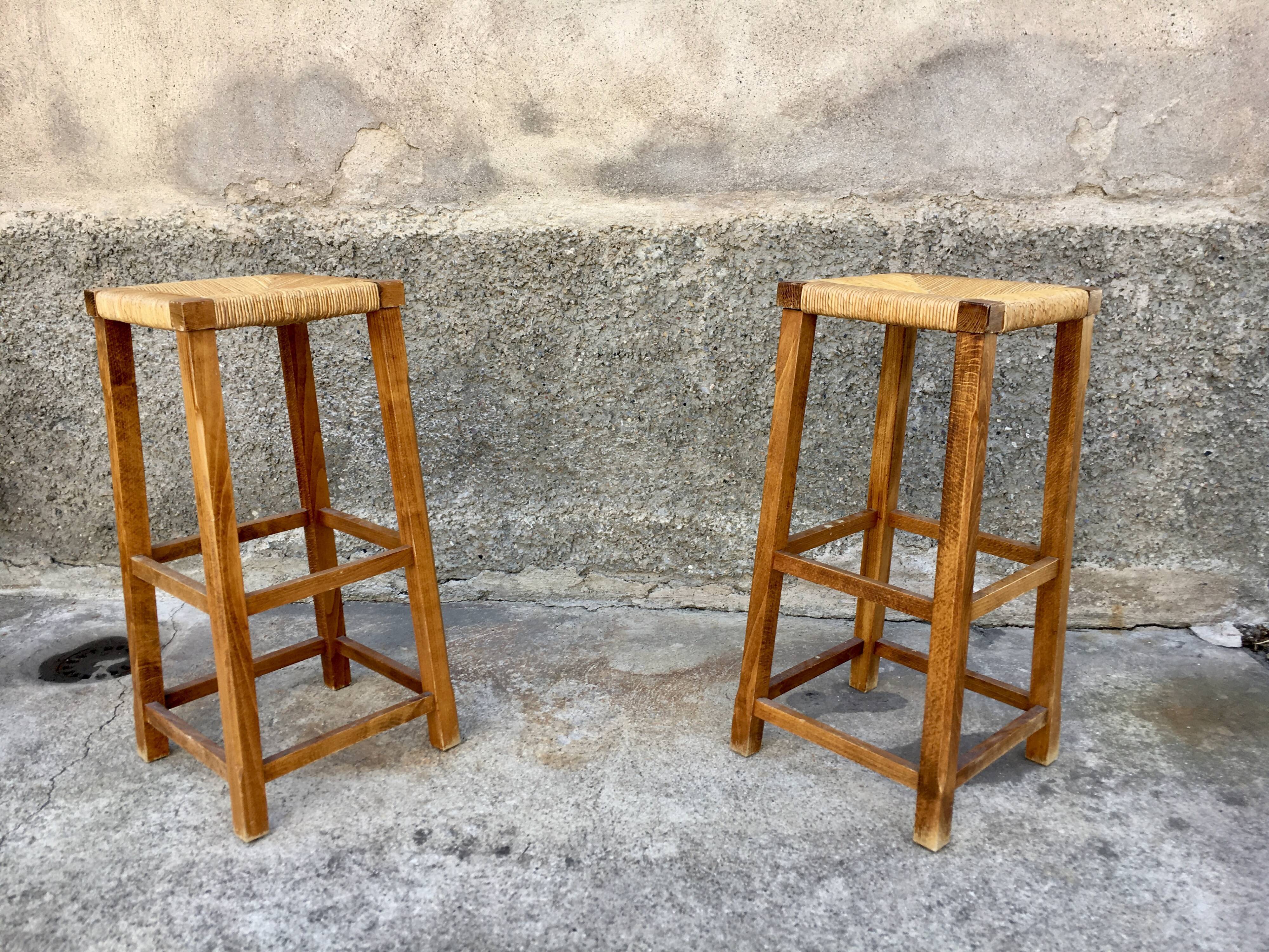 Pair of stools straw end of sofa solid wood 1950 decoration vintage furniture