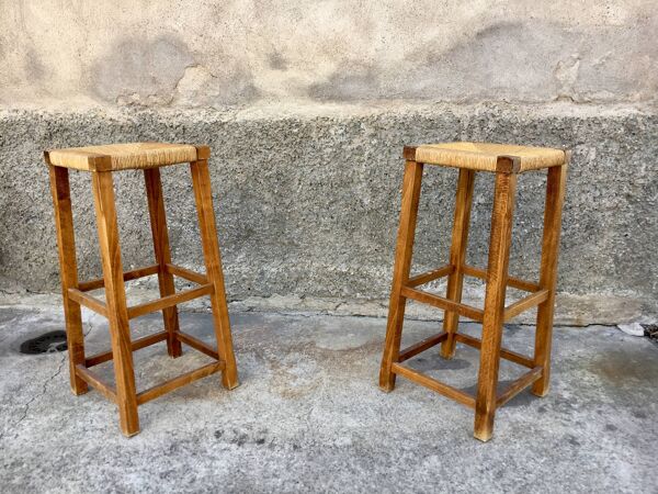 Paire de tabourets porte plante paille bout de canapé bois massif 1950 décoration meuble vintage