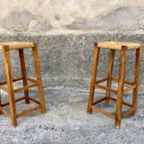 Pair of stools straw end of sofa solid wood 1950 decoration vintage furniture