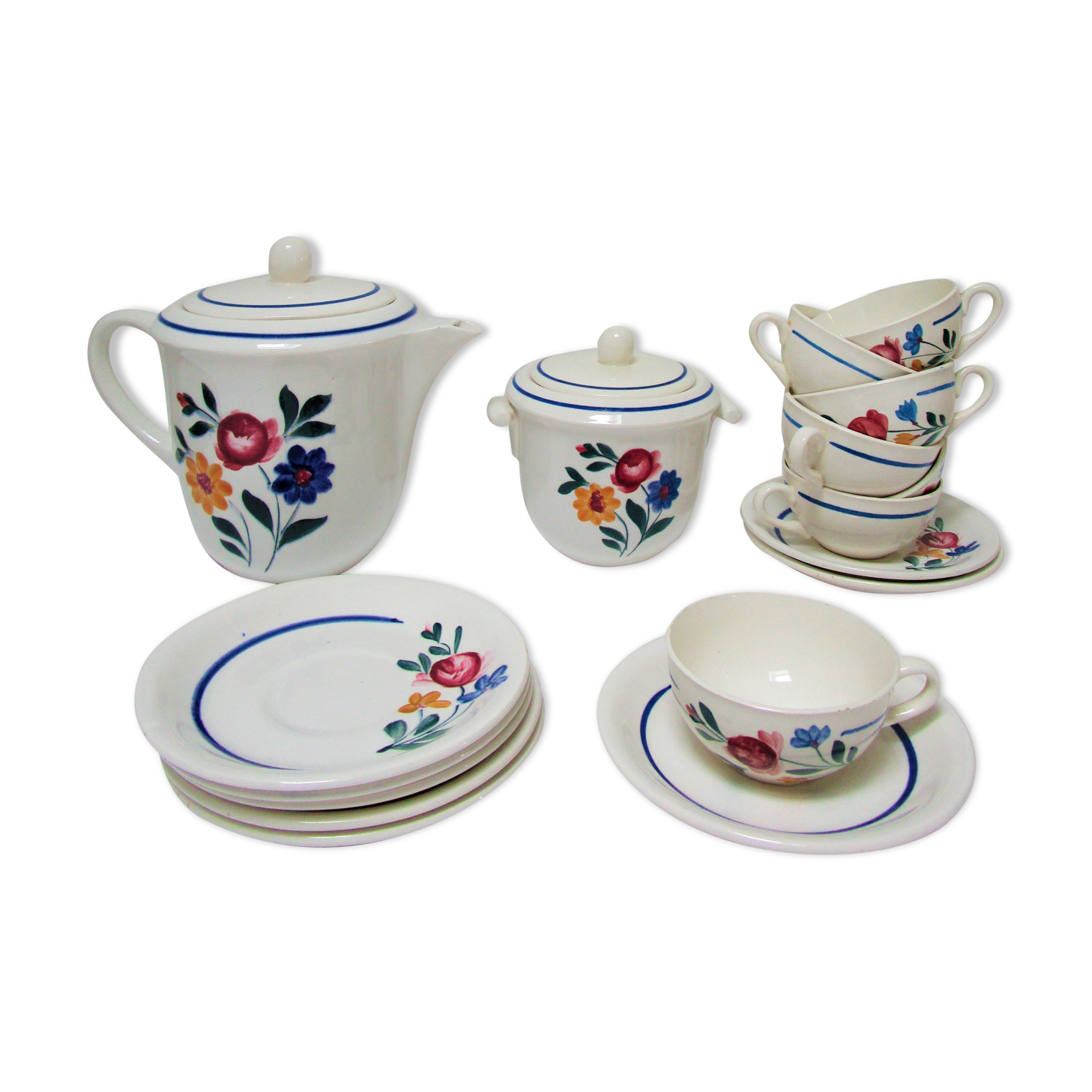 tea or coffee set model Gilberte earthenware Saint Amand floral decoration