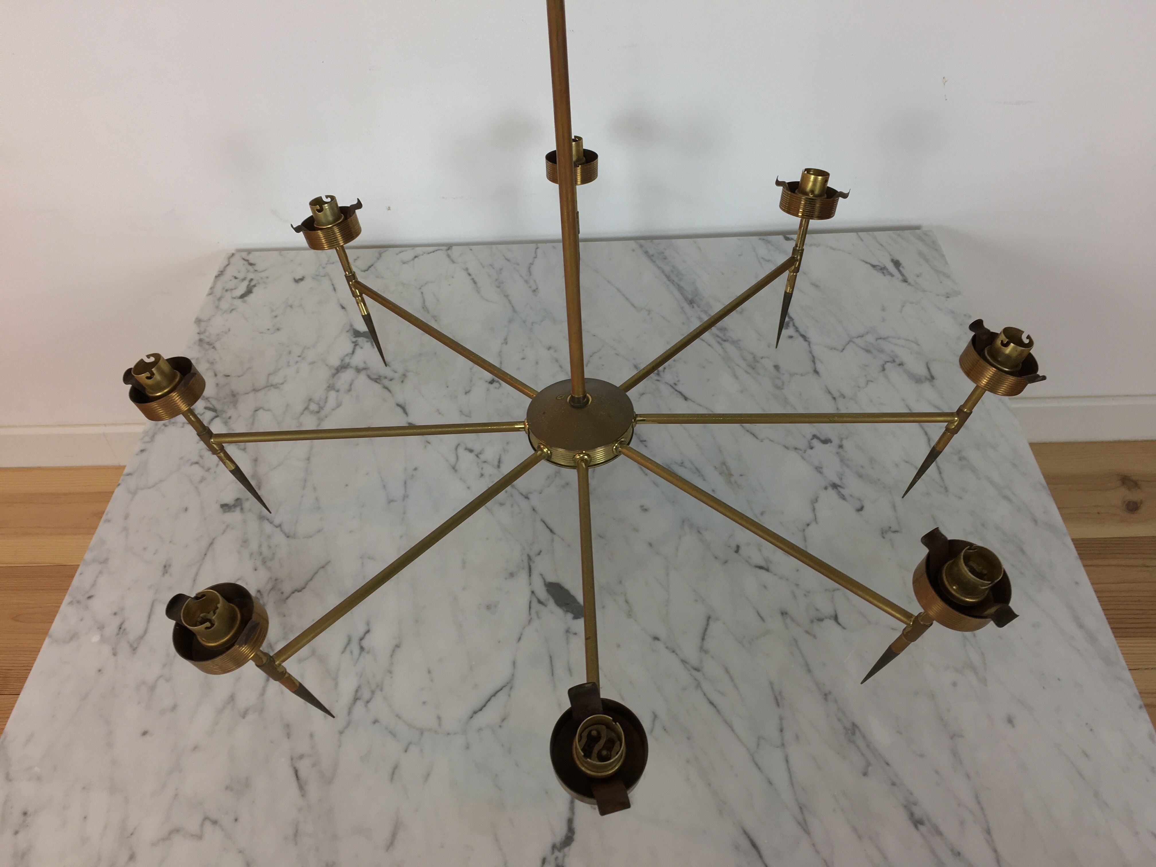 50s chandelier, 8 fires, brass and ice glass tulips