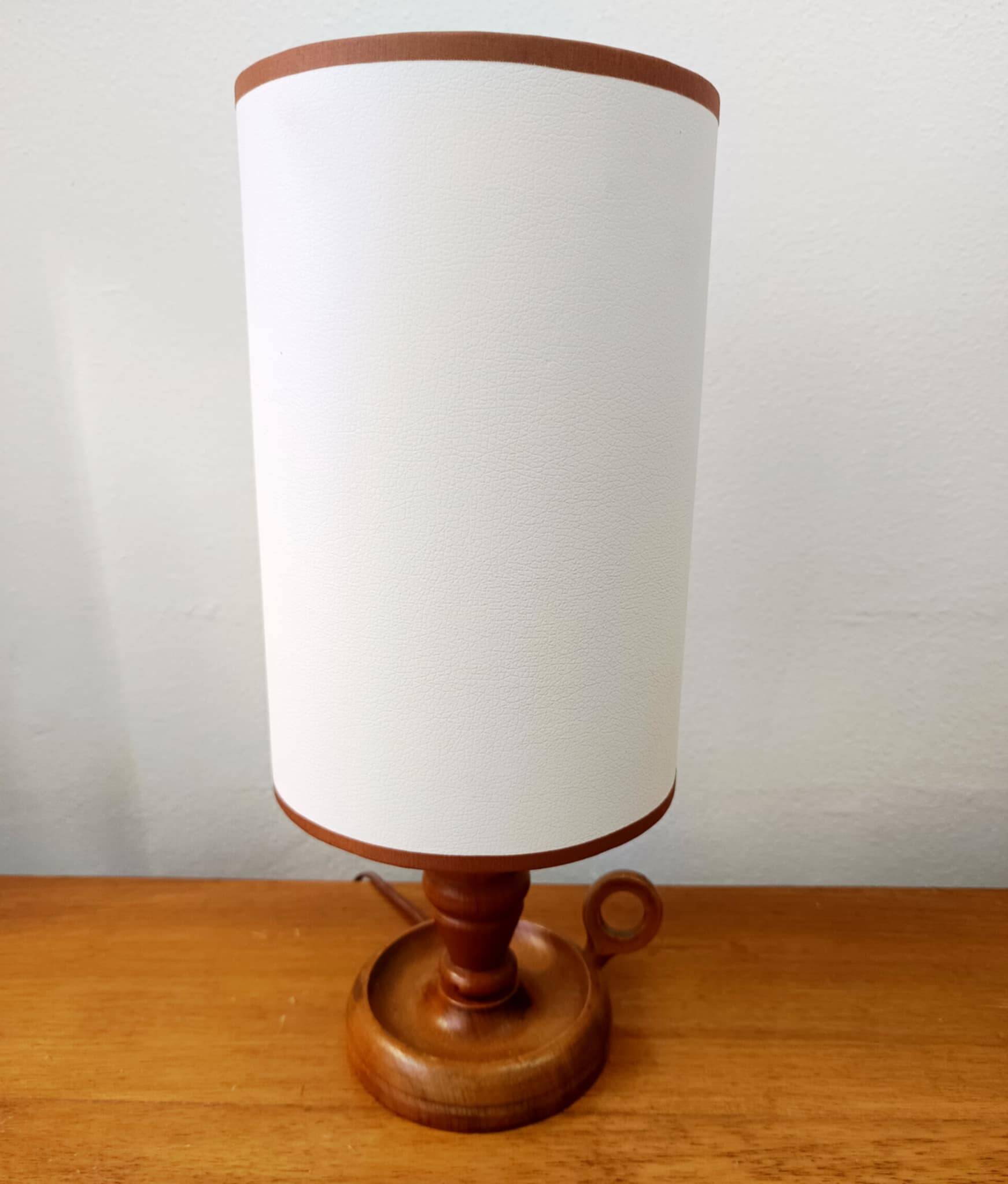 Vintage wooden lamp with white faux leather shade