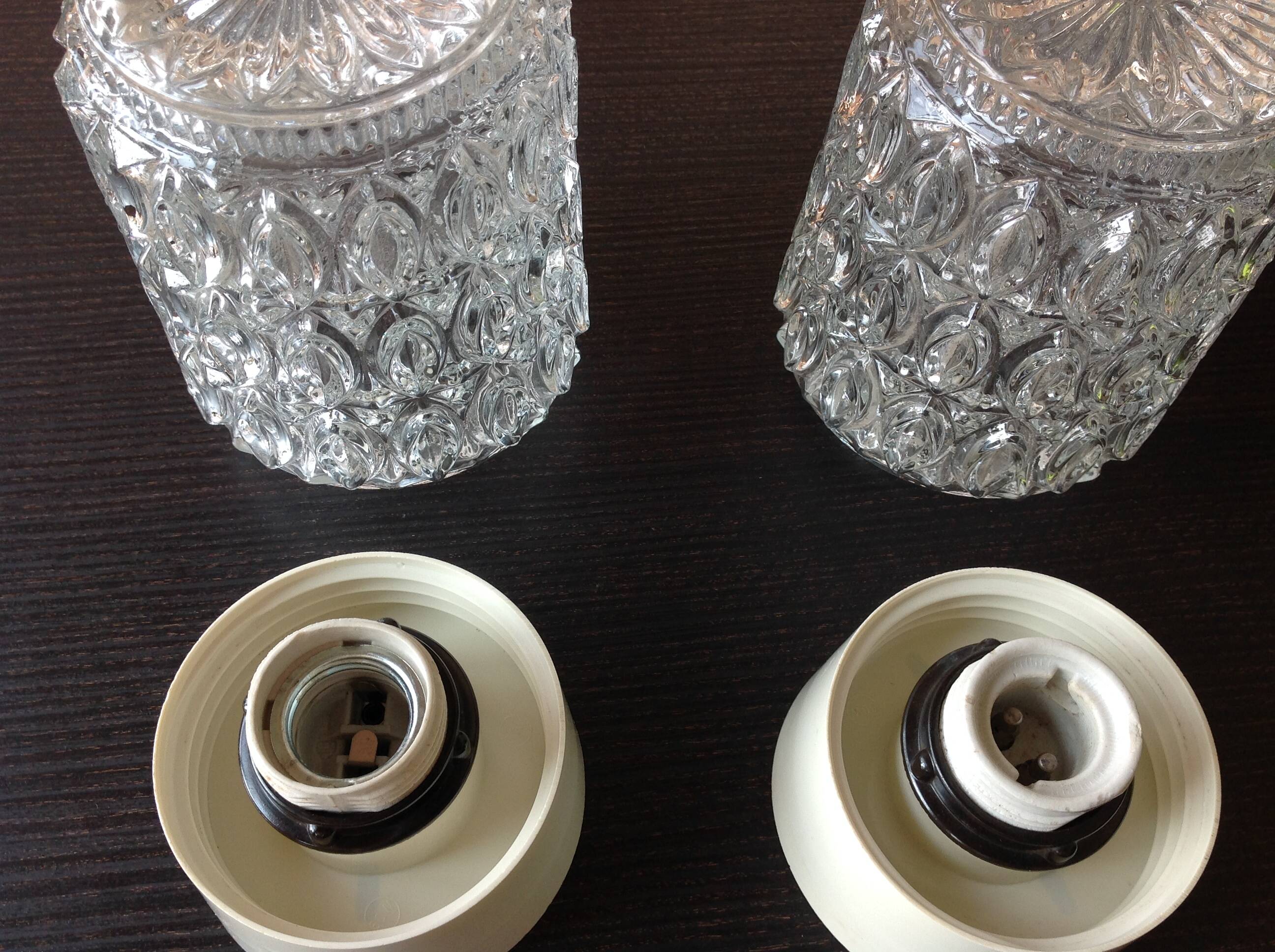 Pair of cylindrical structured glass ceiling lights / vintage 60s-70s