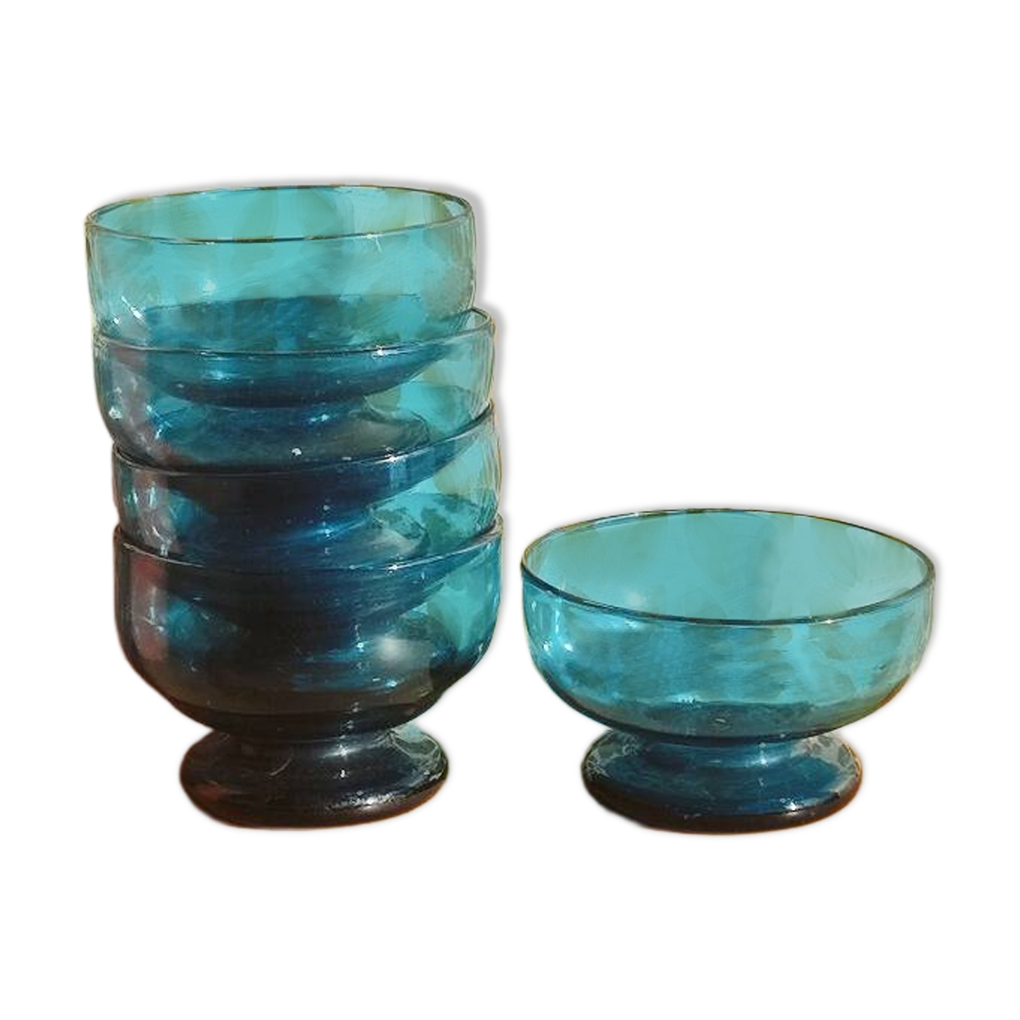 Turquoise blue bubble glass dessert bowls - Biot-style craftsmanship