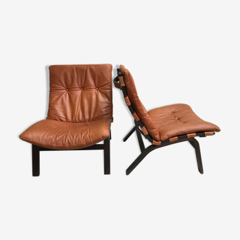 Pair of Scandinavian armchair leather cognac