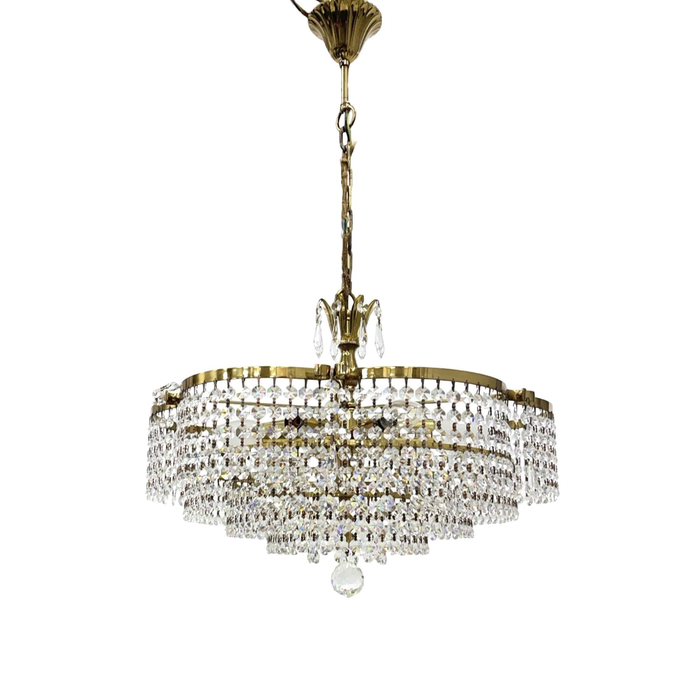 Vintage basket crystal chandelier Bakalowits & Söhne brass, Austria 1970s