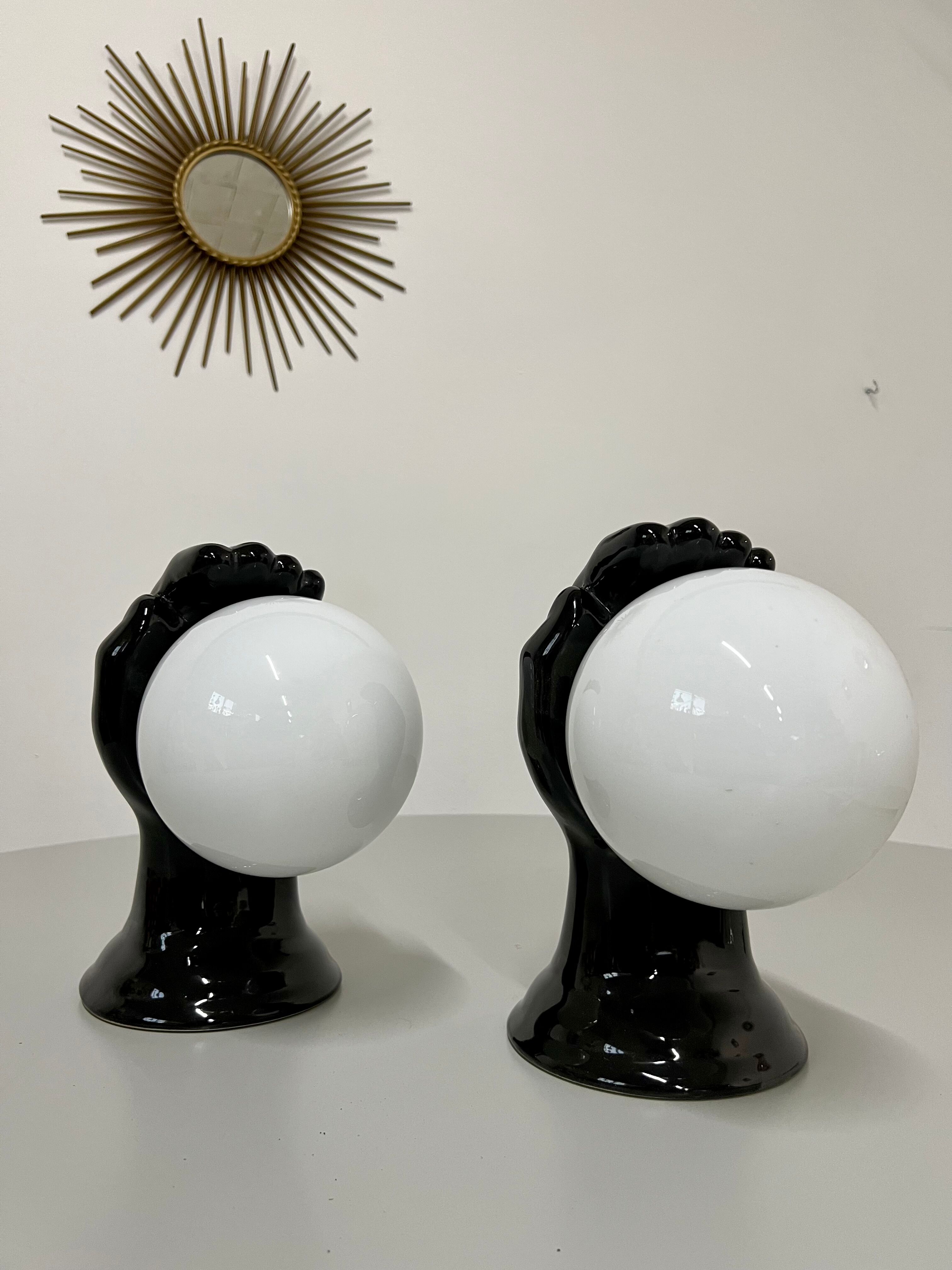 2 black ceramic hand lamps from the 70s / vintage and opaline lamp