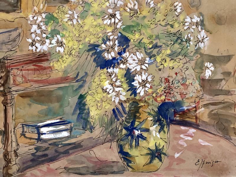 1930s/1950s, Watercolor Gouachée Figurant Un Intérieur Au Bouquet De Fleurs.