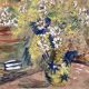 1930s/1950s, Watercolor Gouachée Figurant Un Intérieur Au Bouquet De Fleurs.