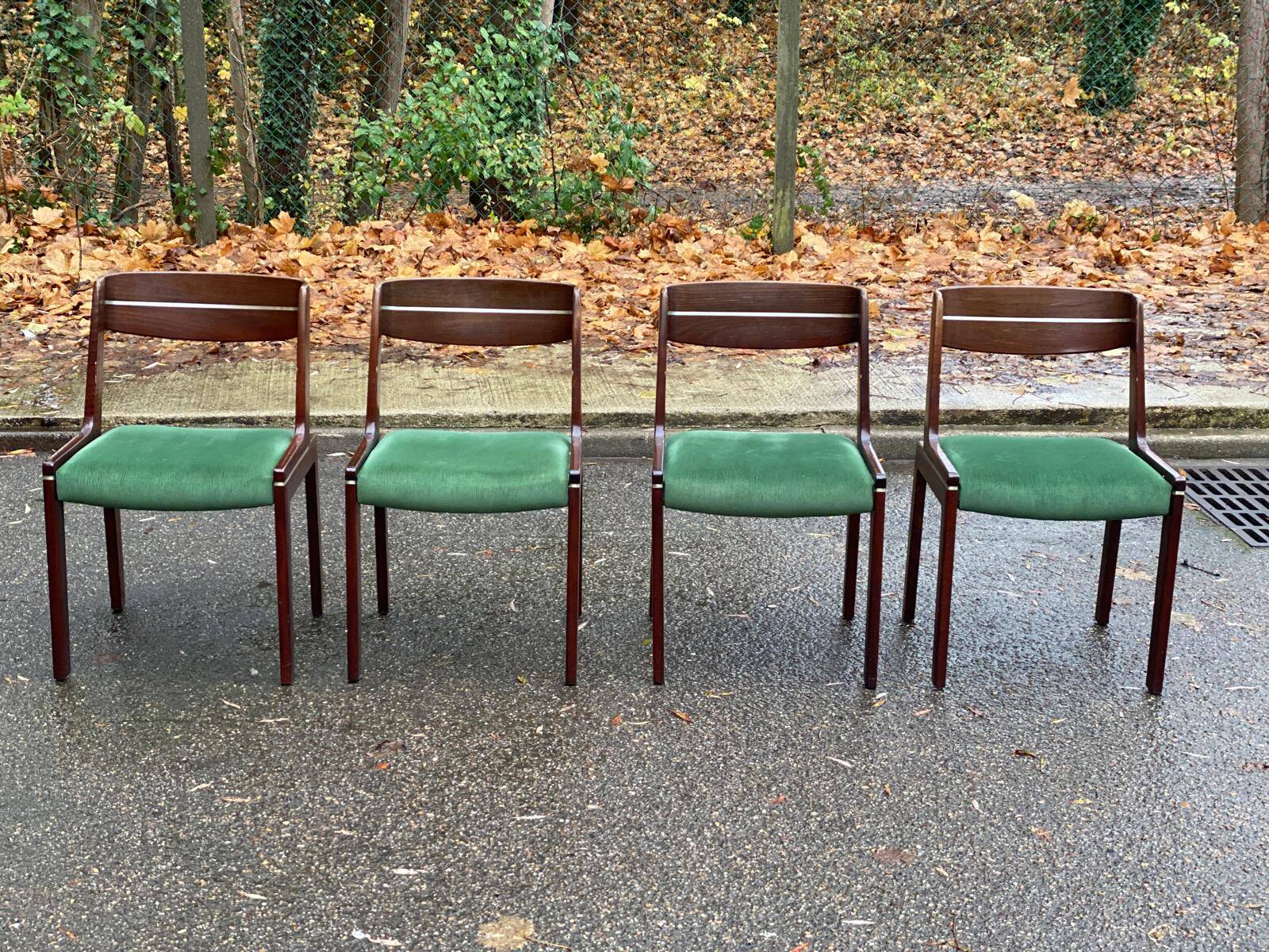 Scandinavian dining table and 4 Hans Olsen style chairs in teak and velvet.