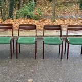 Scandinavian dining table and 4 Hans Olsen style chairs in teak and velvet.