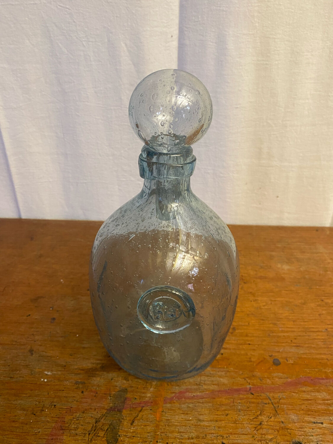 Antique Biot bottle blue bubble blown glass + vintage stopper