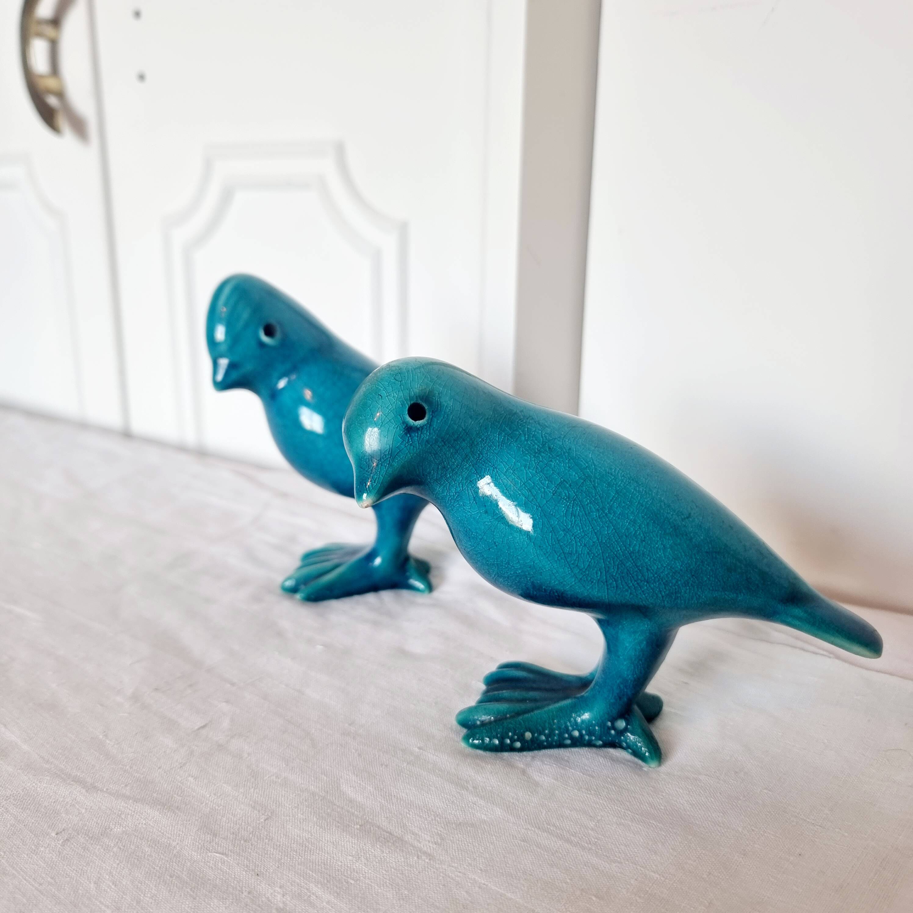 Pair of Art Deco Birds in Blue Porcelain from the 40s-50s signed