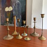 Set 7 mismatched brass and bronze candlesticks