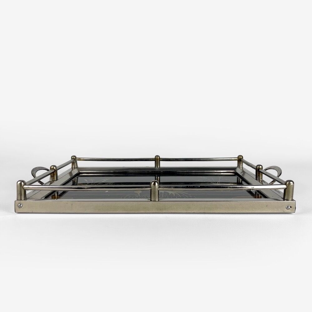 Art Deco tea tray glass and silver metal 30s