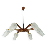 Lustre en teck, laiton et verre à 8 lumières de style sputnik des années 1960.