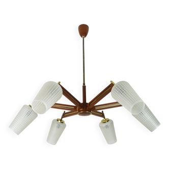1960s mid century sputnik 8-light CHANDELIER teak brass glass ceiling light
