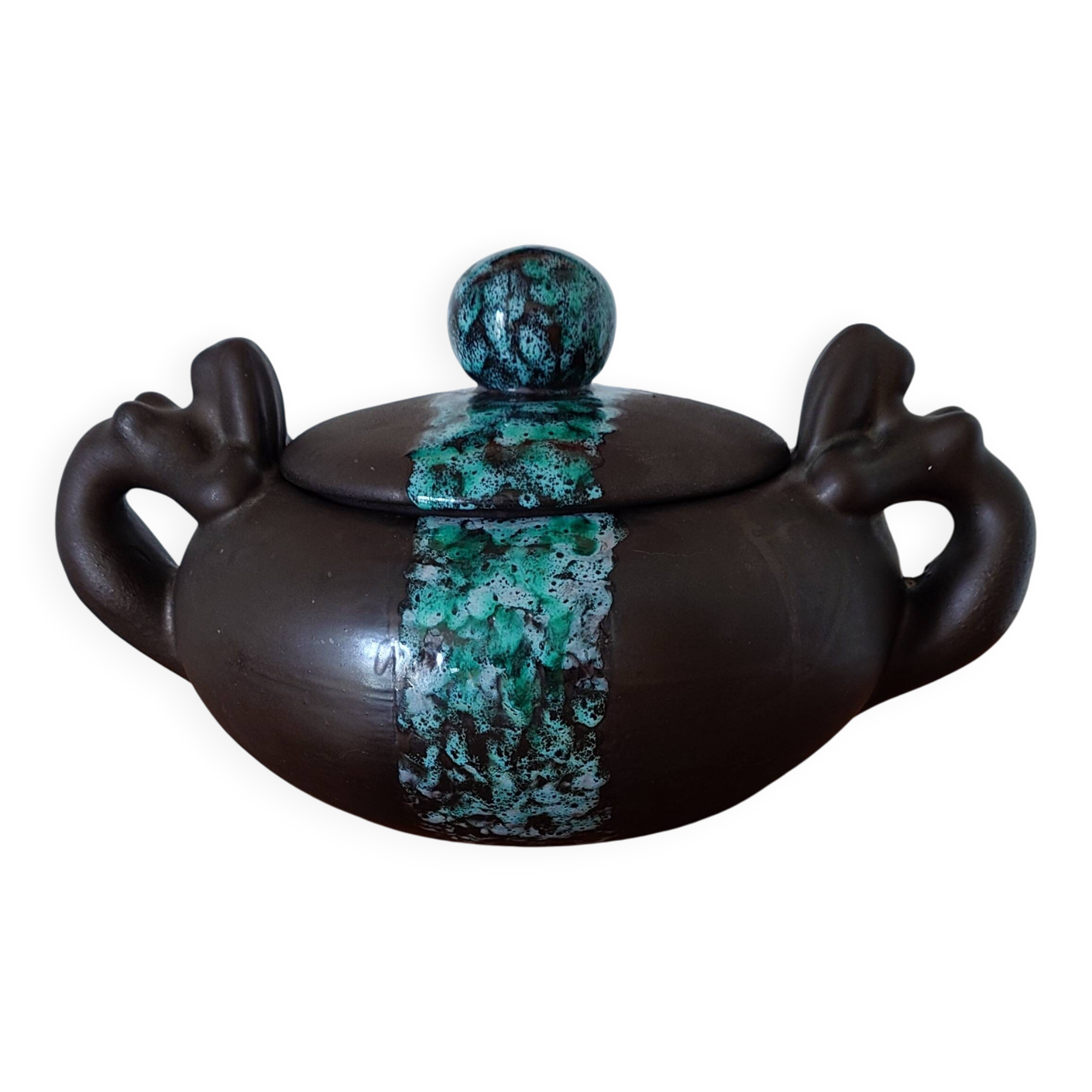 Vintage modernist soup tureen from the 60s-70s, matte brown ceramic and green glaze.
